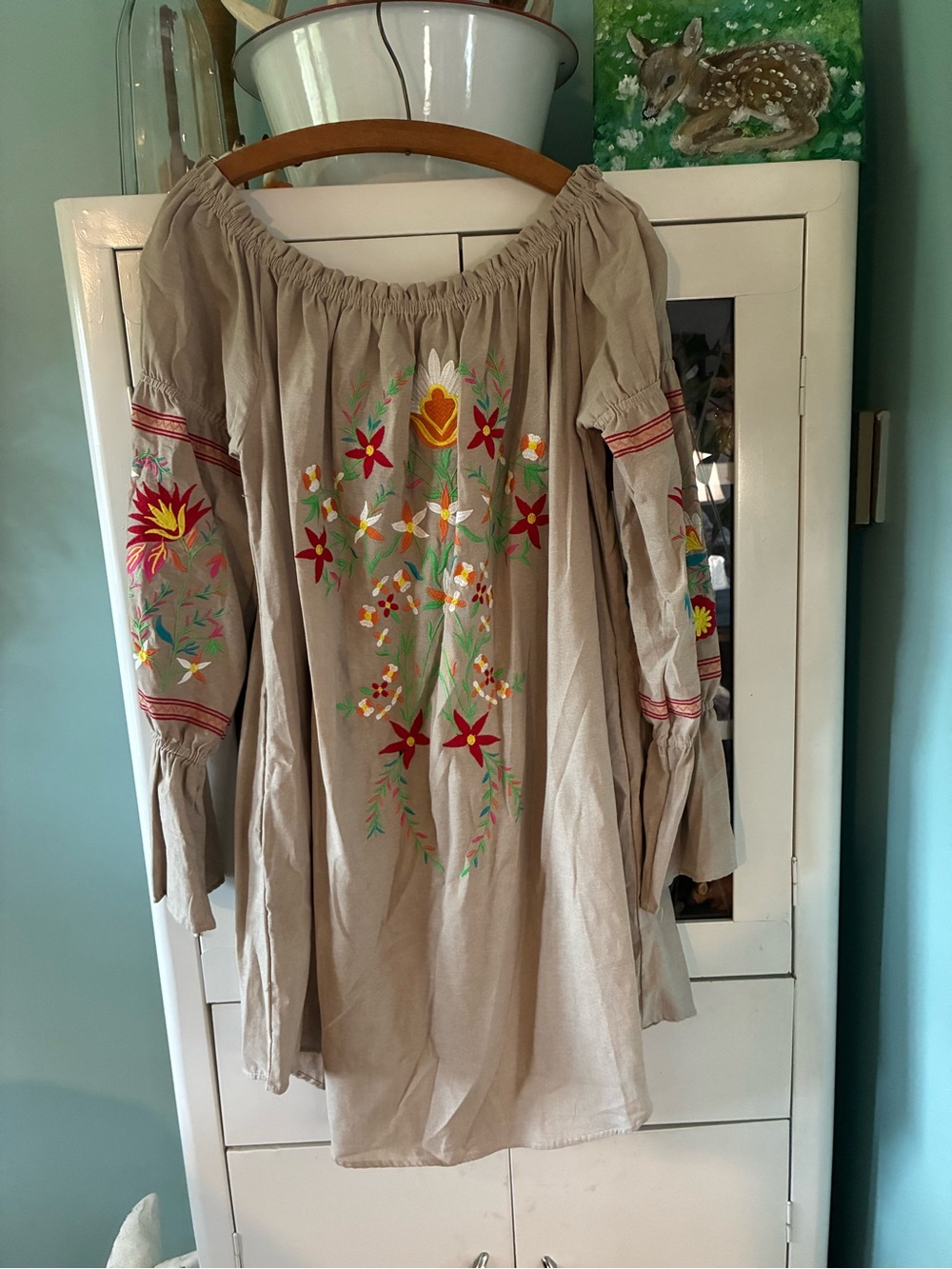 L&B sz XL Embroidered Beige Peasant Dress with Floral Detail nwt Boho